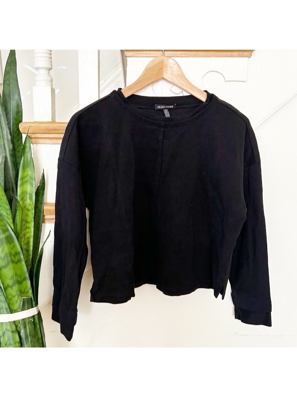 Eileen Fisher Black Stretch Jersey Crew Neck Long Sleeve Crop Sweatshirt Size S
